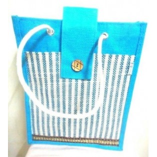 Jute Burlap Tote Bag / Striped Pattern Shopping Bag - Turquoise